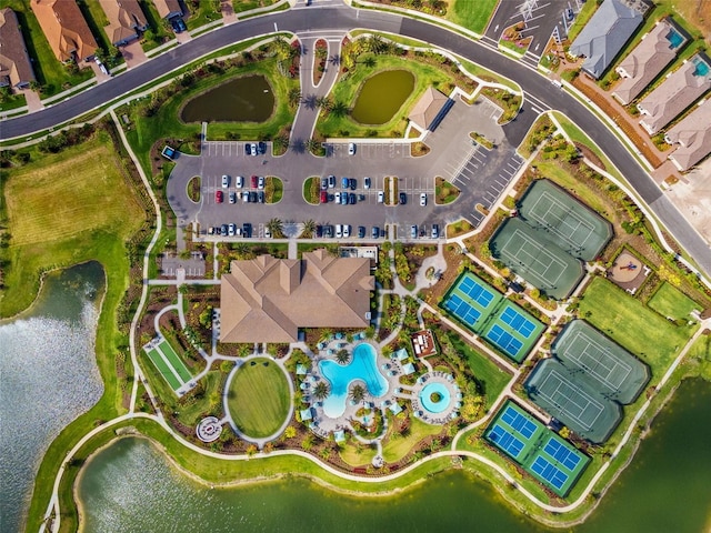 drone / aerial view featuring a water view