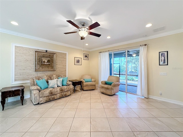 tiled living room with ceiling fan and crown molding