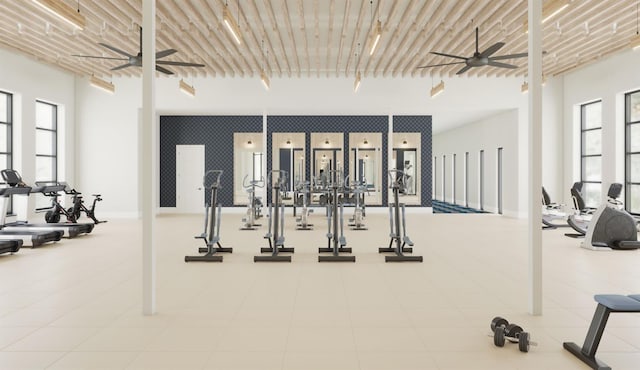 workout area featuring ceiling fan