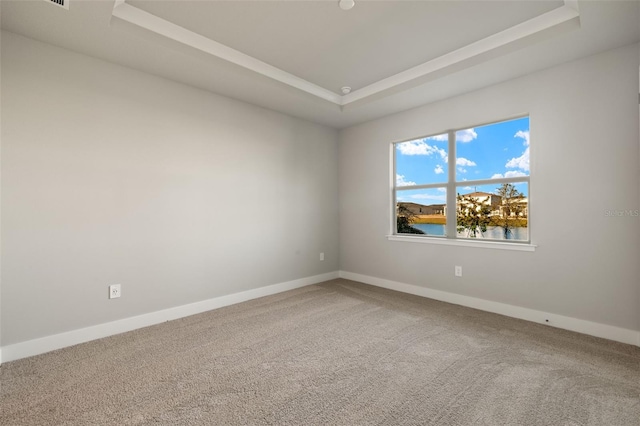 carpeted empty room featuring a water view and a tray ceiling