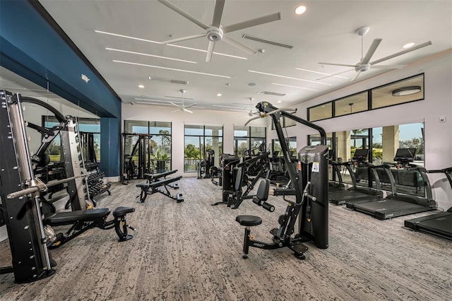 exercise room with a wealth of natural light and ceiling fan