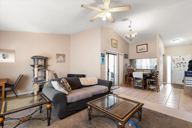 living room featuring light tile patterned floors, a textured ceiling, and vaulted ceiling