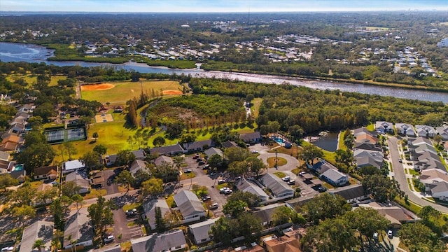 drone / aerial view with a water view