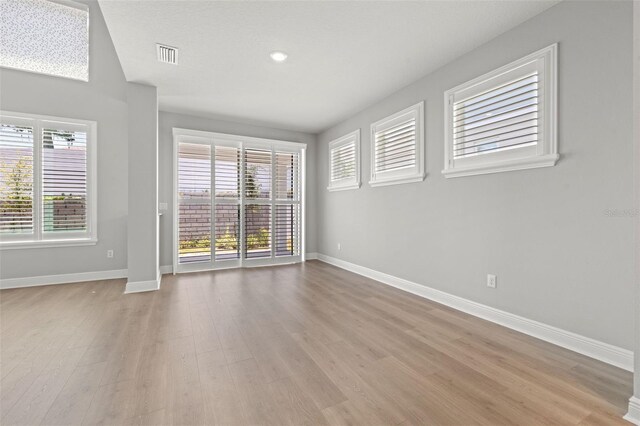 spare room with a healthy amount of sunlight, light wood finished floors, and baseboards