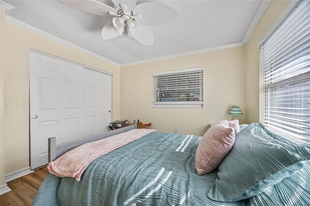 bedroom with ceiling fan, a closet, wood-type flooring, and ornamental molding