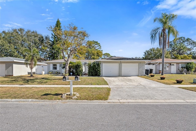 single story home with a garage and a front lawn