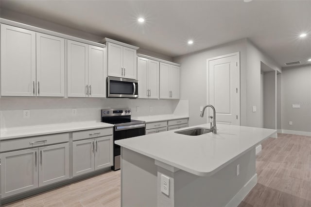 kitchen featuring stainless steel appliances, sink, and a center island with sink