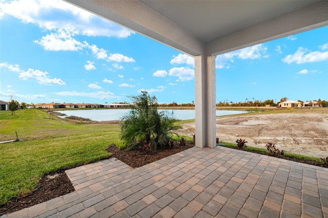 view of patio / terrace featuring a water view