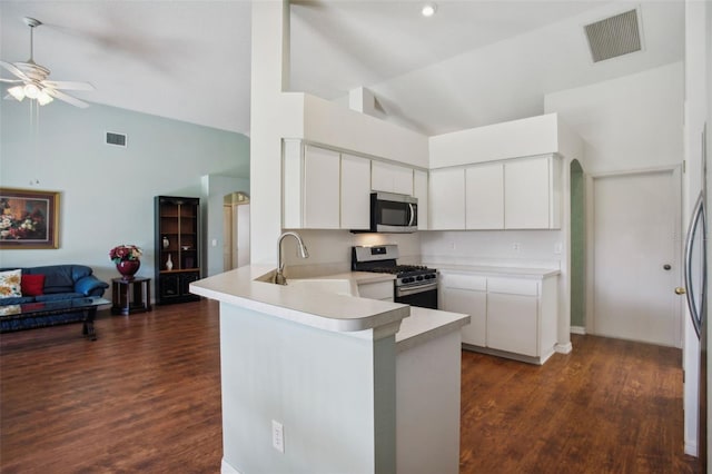 kitchen featuring kitchen peninsula, appliances with stainless steel finishes, white cabinetry, and high vaulted ceiling