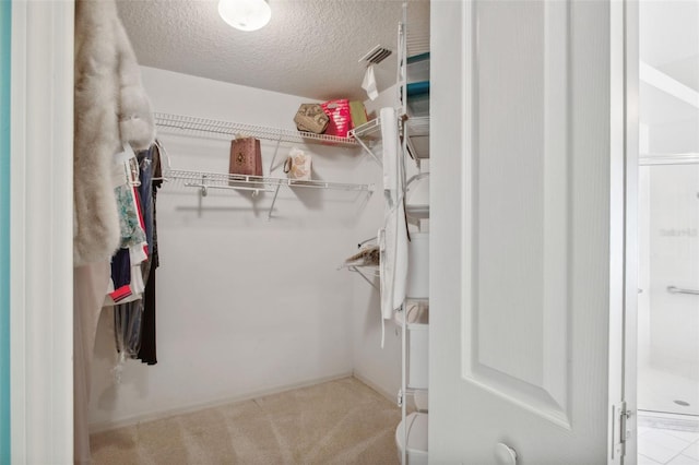 spacious closet featuring light carpet