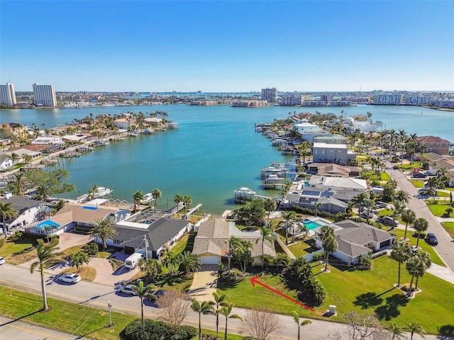 drone / aerial view featuring a water view