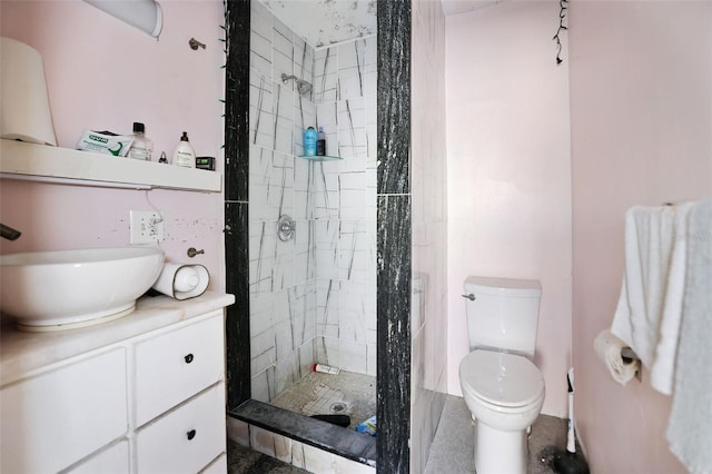 bathroom with a tile shower, vanity, and toilet