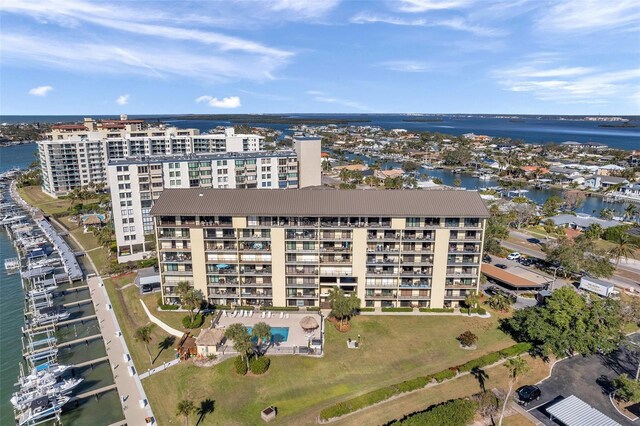 drone / aerial view with a water view