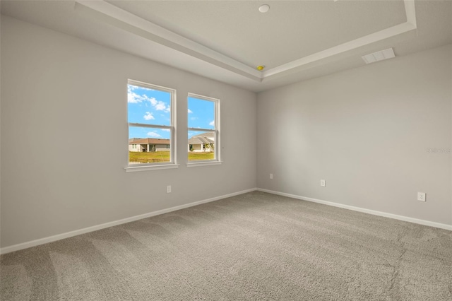 empty room featuring a tray ceiling and carpet