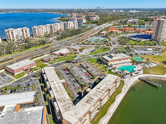 drone / aerial view with a water view