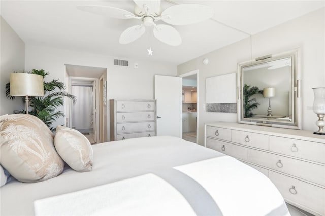 bedroom with ceiling fan and visible vents