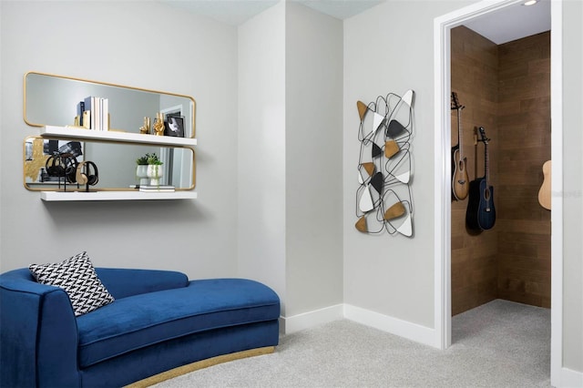 living area featuring light colored carpet