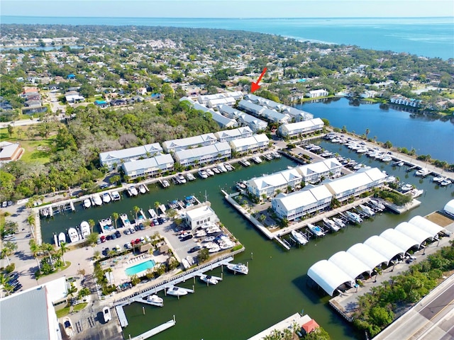 drone / aerial view with a water view