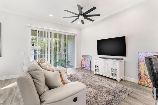 living room with ceiling fan, light wood-type flooring, and crown molding