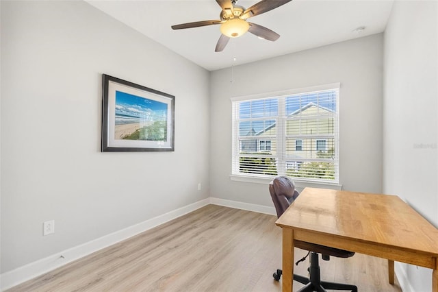 office space featuring light hardwood / wood-style floors and ceiling fan