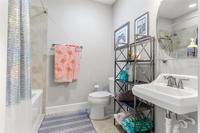 full bathroom with tile patterned flooring, shower / bath combo, toilet, and sink