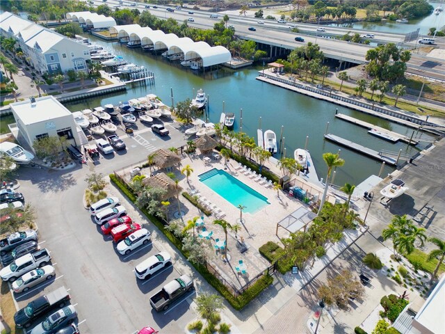 drone / aerial view featuring a water view