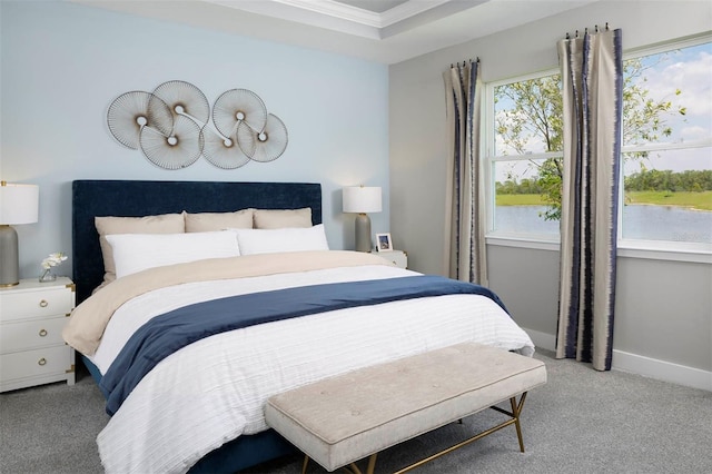 carpeted bedroom with a water view and ornamental molding