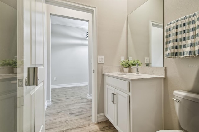 bathroom with vanity, toilet, and wood-type flooring