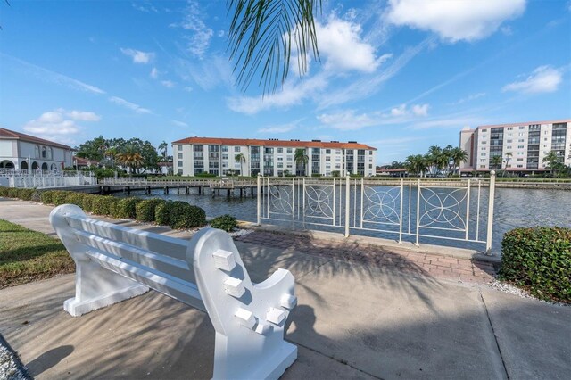 exterior space with a water view