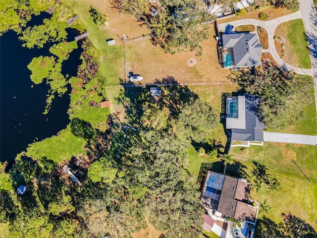 drone / aerial view featuring a water view