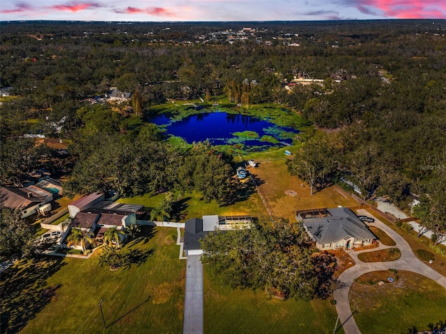 aerial view at dusk with a water view