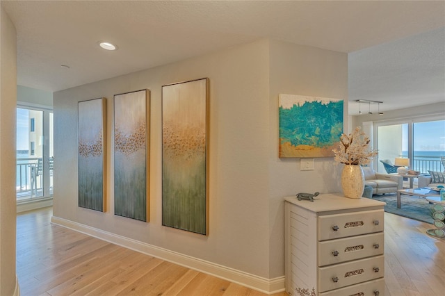 hall featuring a water view and light hardwood / wood-style flooring