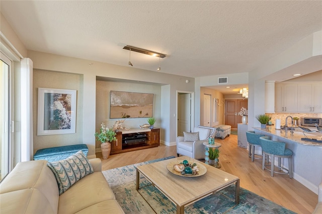 living room with light wood-type flooring and a textured ceiling