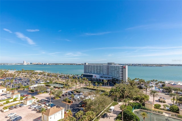 bird's eye view with a water view