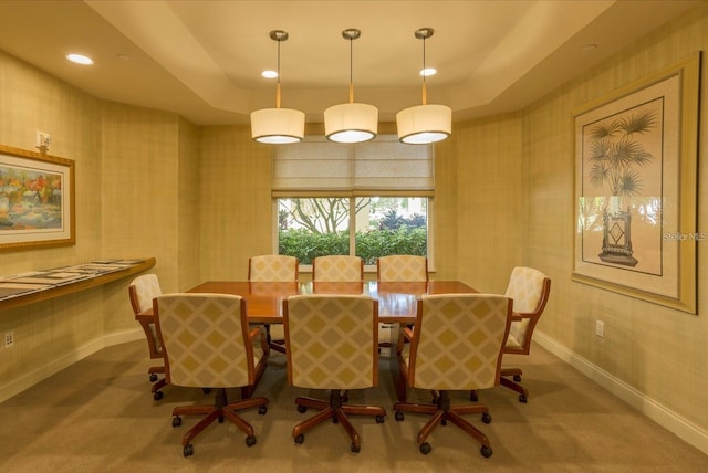 carpeted dining room with a raised ceiling