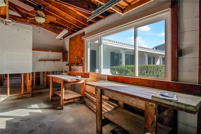 basement featuring a workshop area, ceiling fan, and a healthy amount of sunlight