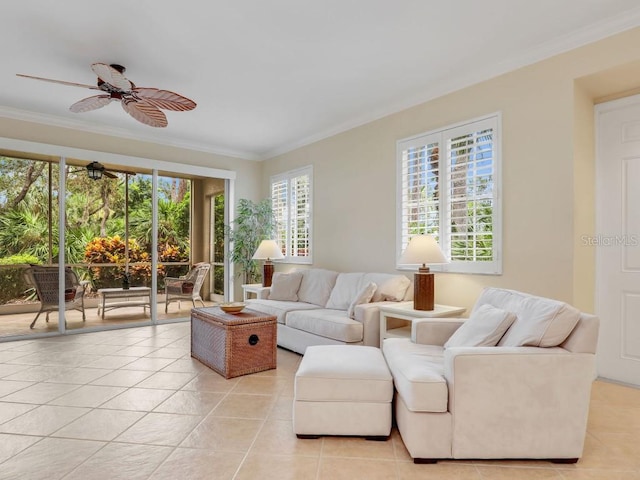 living room featuring crown molding, ceiling fan, and light tile patterned floors