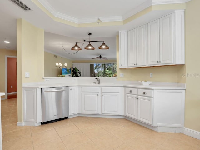 kitchen featuring dishwasher, white cabinetry, and ornamental molding