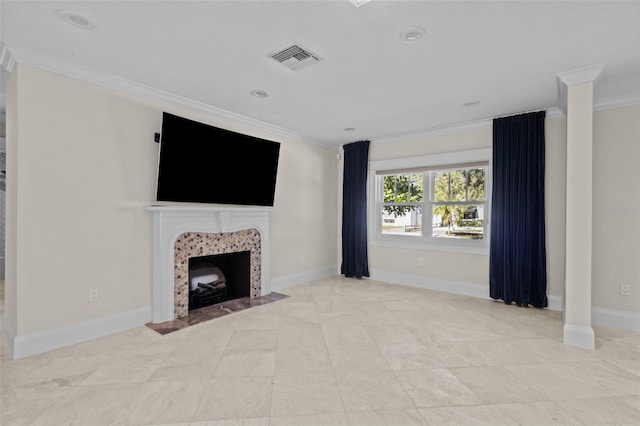 unfurnished living room with crown molding