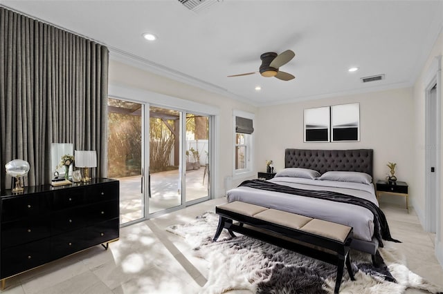 bedroom featuring crown molding, access to outside, and ceiling fan