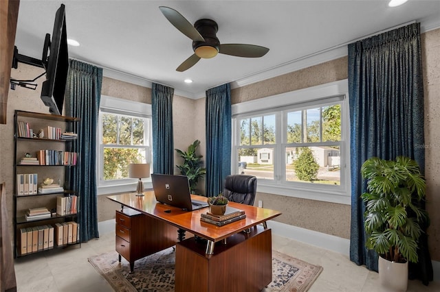 office space with light tile patterned floors, ornamental molding, and ceiling fan