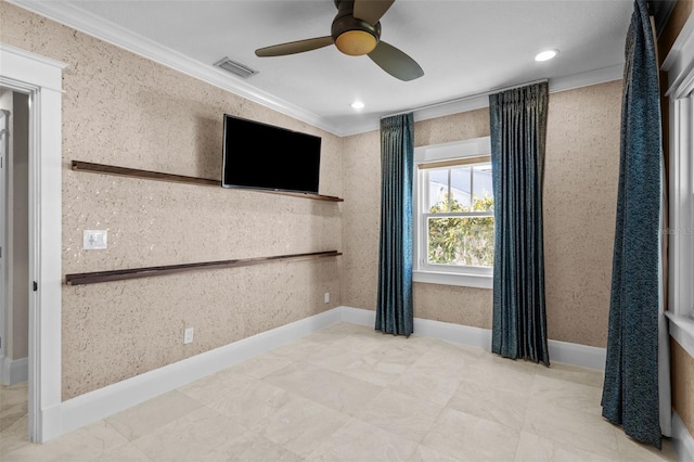 interior space with crown molding and ceiling fan