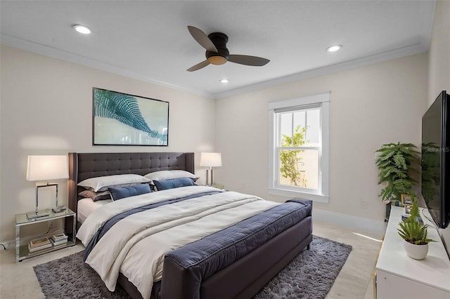 bedroom with crown molding and ceiling fan