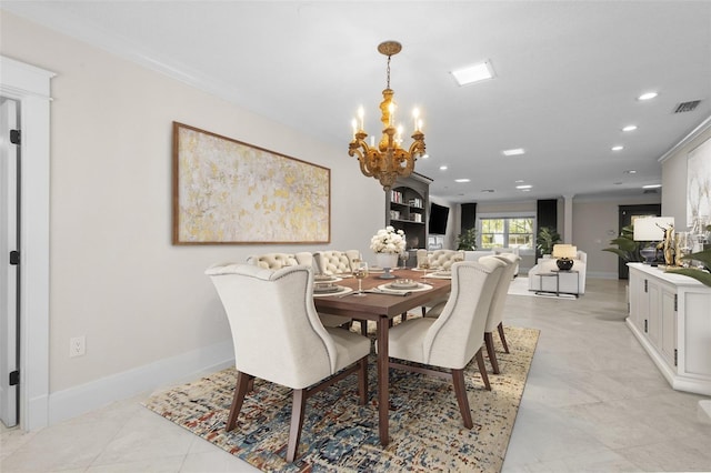 dining space featuring an inviting chandelier, baseboards, visible vents, and recessed lighting