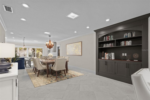 dining area featuring a notable chandelier, recessed lighting, visible vents, ornamental molding, and baseboards