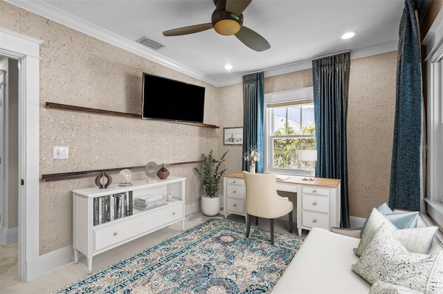 office area featuring wallpapered walls, visible vents, and crown molding