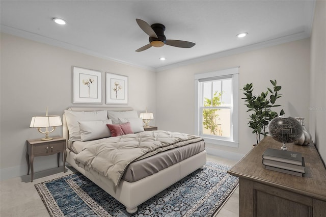 bedroom featuring baseboards, recessed lighting, and crown molding