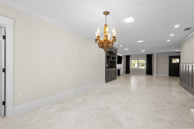 unfurnished living room with recessed lighting, visible vents, baseboards, and an inviting chandelier