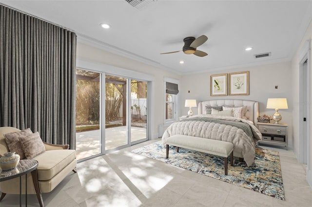 bedroom featuring access to outside, recessed lighting, visible vents, and crown molding