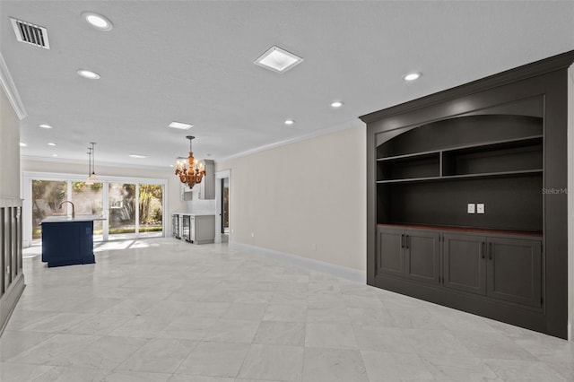 unfurnished living room with a chandelier, recessed lighting, visible vents, baseboards, and ornamental molding